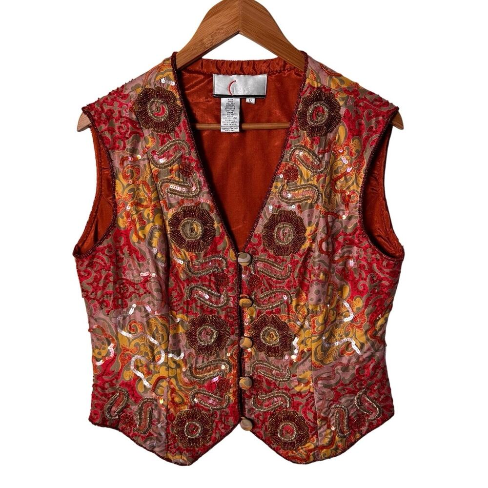 Vintage Class Silk Embroidered Vest Boho Beaded Sequin Floral Tapestry Size 12